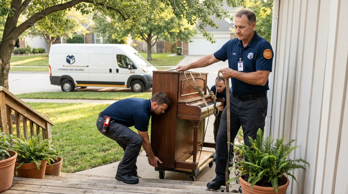 Licensed piano movers securing grand piano in Gretna, FL