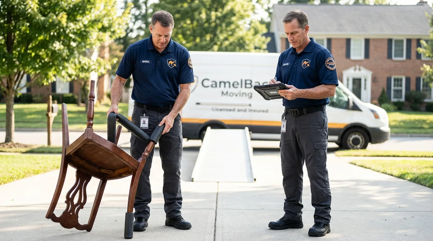 Movers inspecting furniture for damage prevention before loading in Gretna, FL