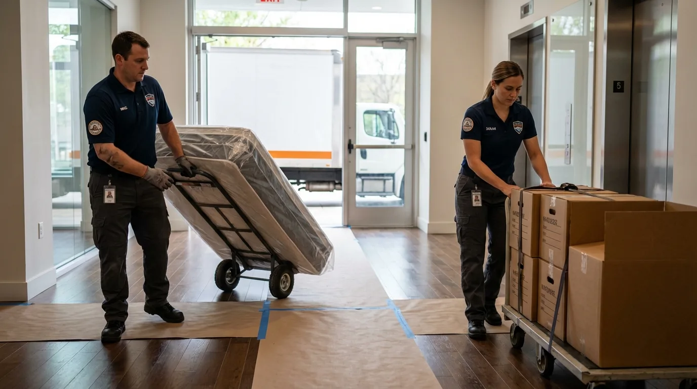 Professional apartment movers loading elevator in Gretna, FL